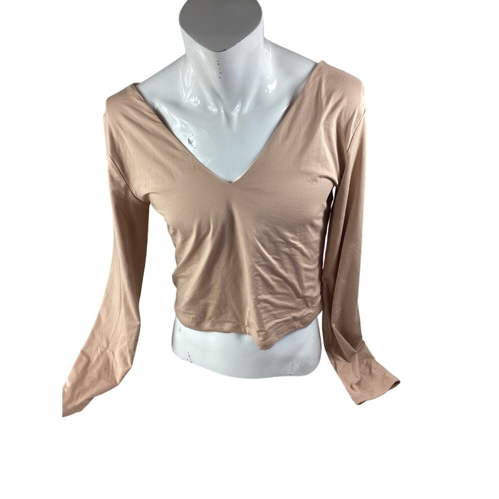 Peoria Womens Deep V-Neck Long Sleeve Crop Top*XXL*Beige*Stretch Soft Fabric*EUC